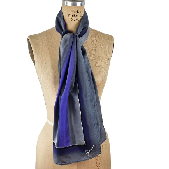 Blue gray silk artisan hand painted scarf signed 16 x 57 - Picture 1 of 6